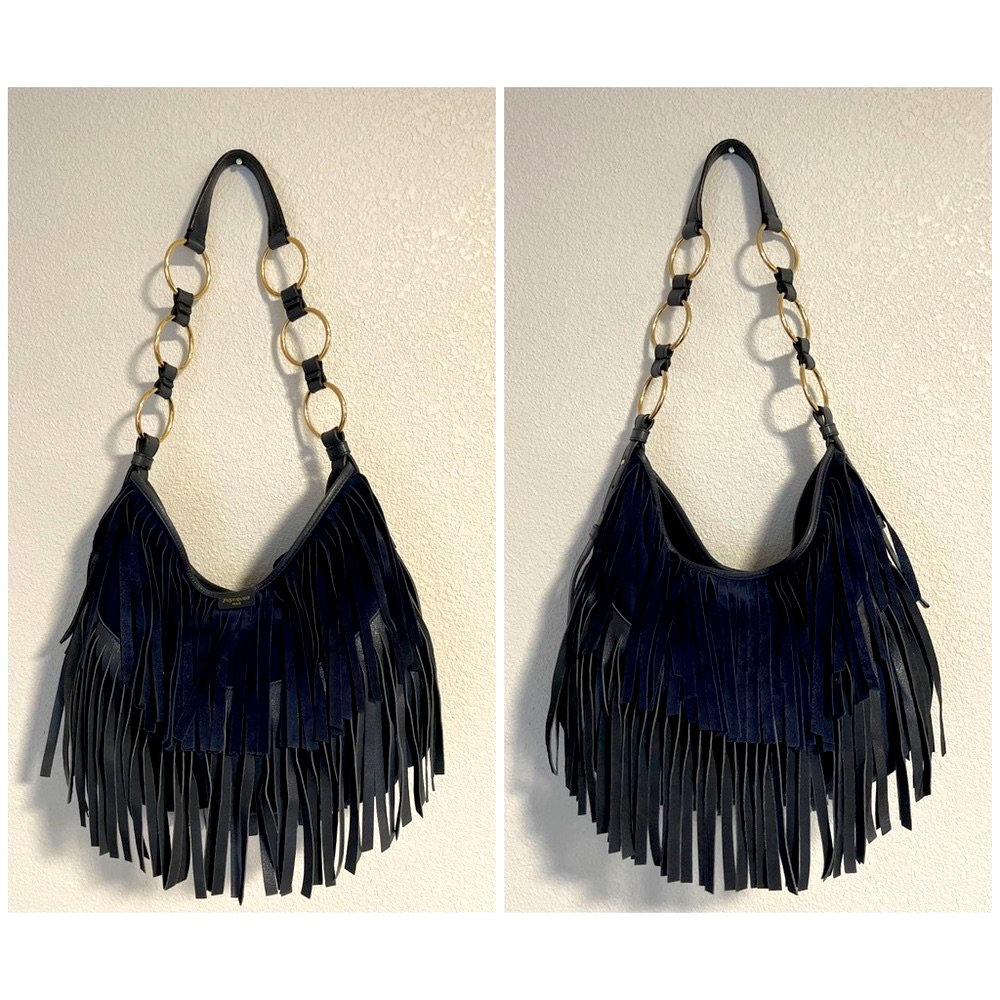 Ysl Yves Saint Laurent Mombasa Navy Fringe Leather Suede Bag Authentic